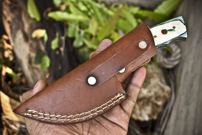 Ladder Damascus Skinner Knife with Bone and Wood Handle – 9 Inch Handmade Hunting Gift