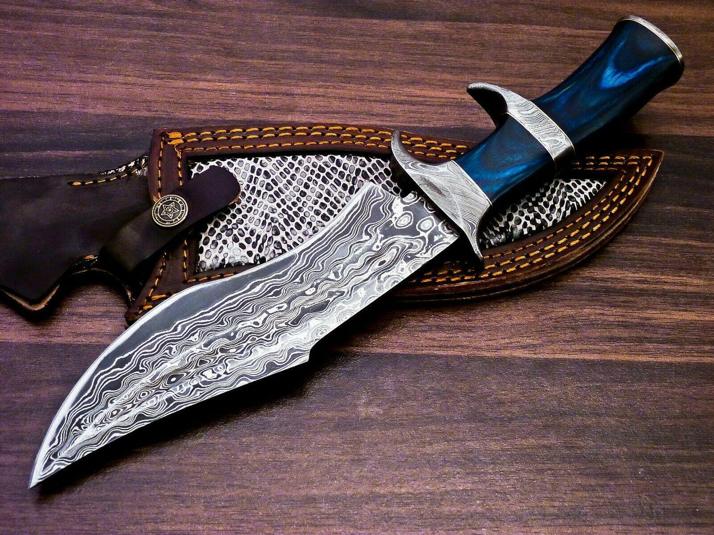 13" Handmade Damascus Bowie Knife | Color Wood Handle