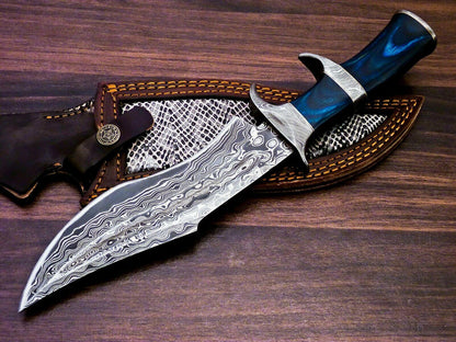 13" Handmade Damascus Bowie Knife | Color Wood Handle