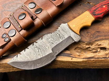 10" Custom Handmade Damascus Tracker Knife – Full Tang Blade with Hard Wood Handle & Leather Sheath