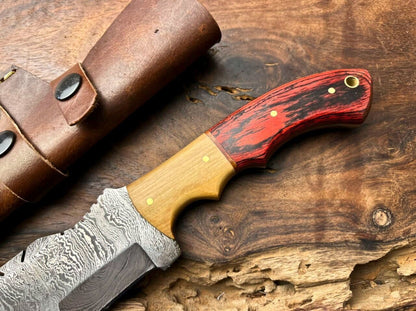 10" Custom Handmade Damascus Tracker Knife – Full Tang Blade with Hard Wood Handle & Leather Sheath
