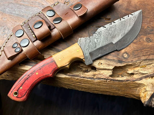 10" Custom Handmade Damascus Tracker Knife – Full Tang Blade with Hard Wood Handle & Leather Sheath