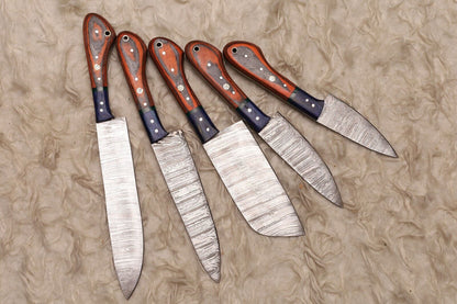 Custom Handmade Damascus Steel 5-Piece Chef Knife Set | Wood Handle Kitchen Knives