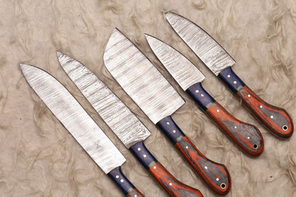 Custom Handmade Damascus Steel 5-Piece Chef Knife Set | Wood Handle Kitchen Knives