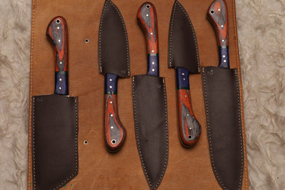 Custom Handmade Damascus Steel 5-Piece Chef Knife Set | Wood Handle Kitchen Knives