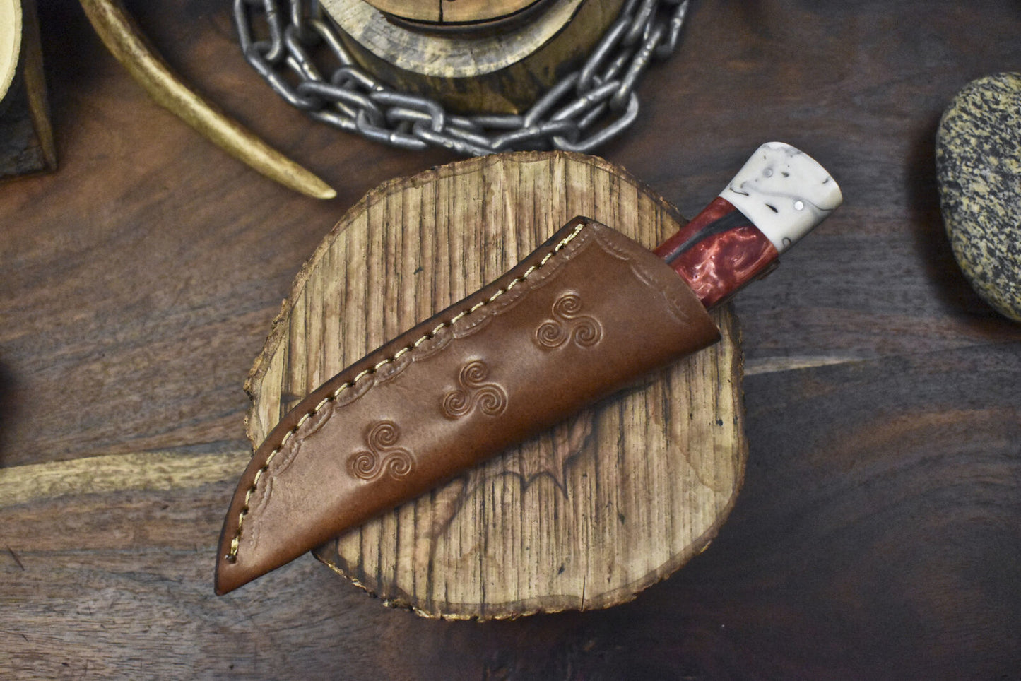 8" Handmade Twist Damascus Skinner Knife Corian Handle Wooden Bolster Sports Unique
