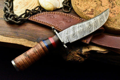 10.5" Damascus Steel Bowie Knife – Stacked Leather Handle & Leather Sheath