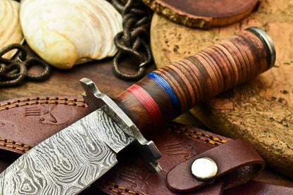 10.5" Damascus Steel Bowie Knife – Stacked Leather Handle & Leather Sheath