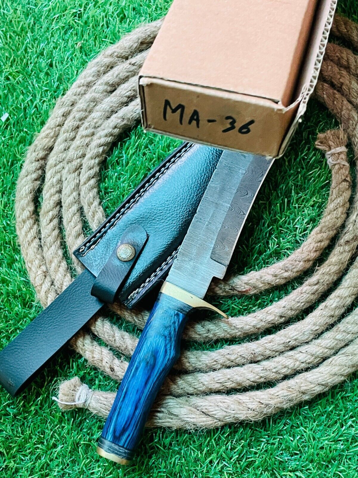 Heritage Forge 15 Inch Damascus Steel Bowie Knife Brass and Wood Handle with Leather Sheath