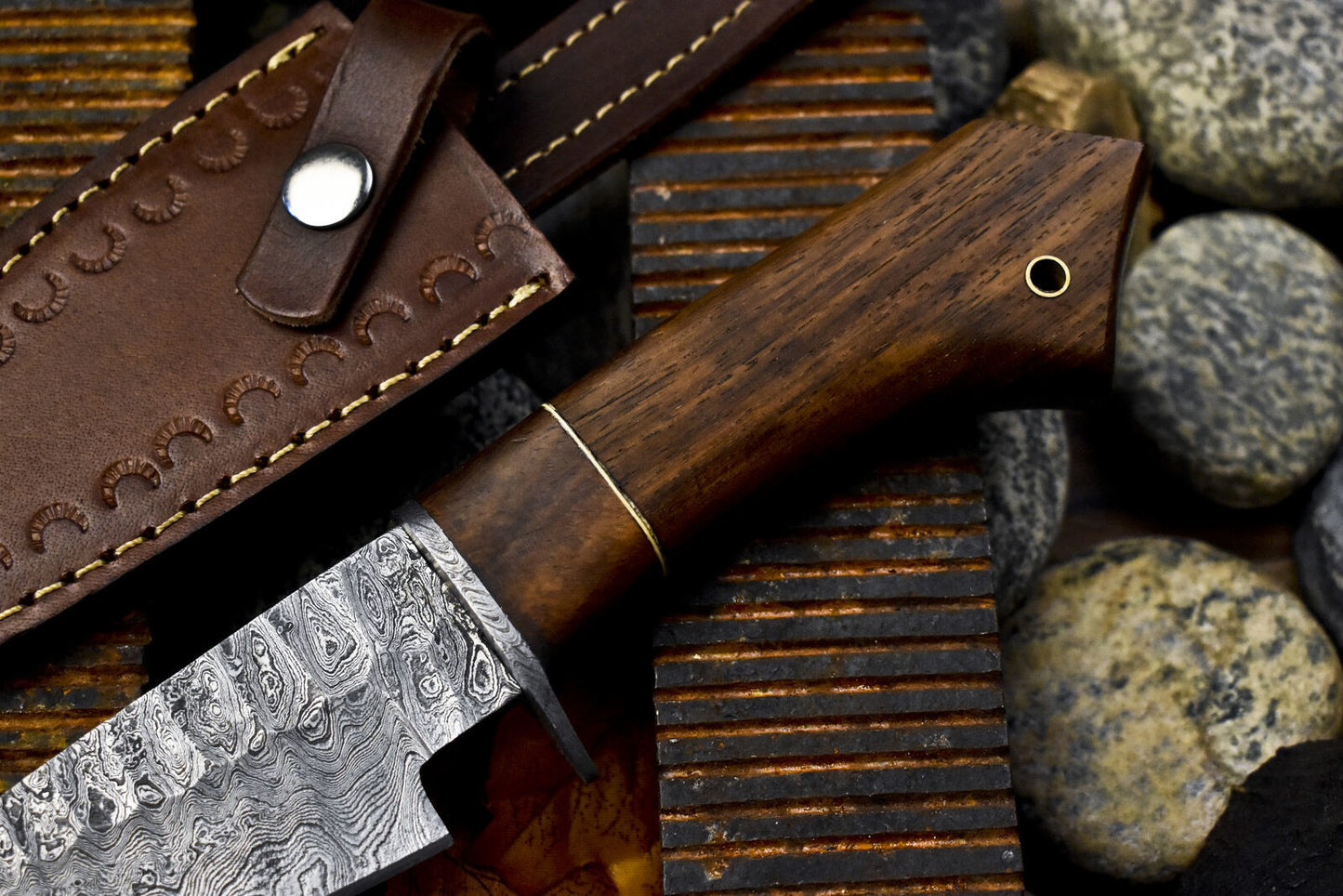 10" Handmade Skinner Knife Rain Drop Damascus with Walnut Wood Handle | Outdoor Hunting Blade