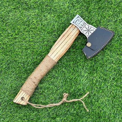 Hand-Forged Viking Tomahawk Axe – Carbon Steel Blade with Rose Wood Handle and Leather Sheath, 14 Inch