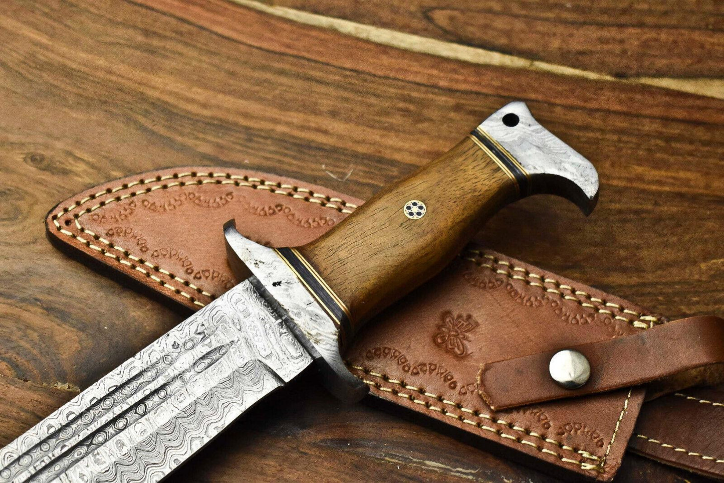 Heritage Forge Highland Crest Damascus Bowie Knife with Walnut Wood Handle