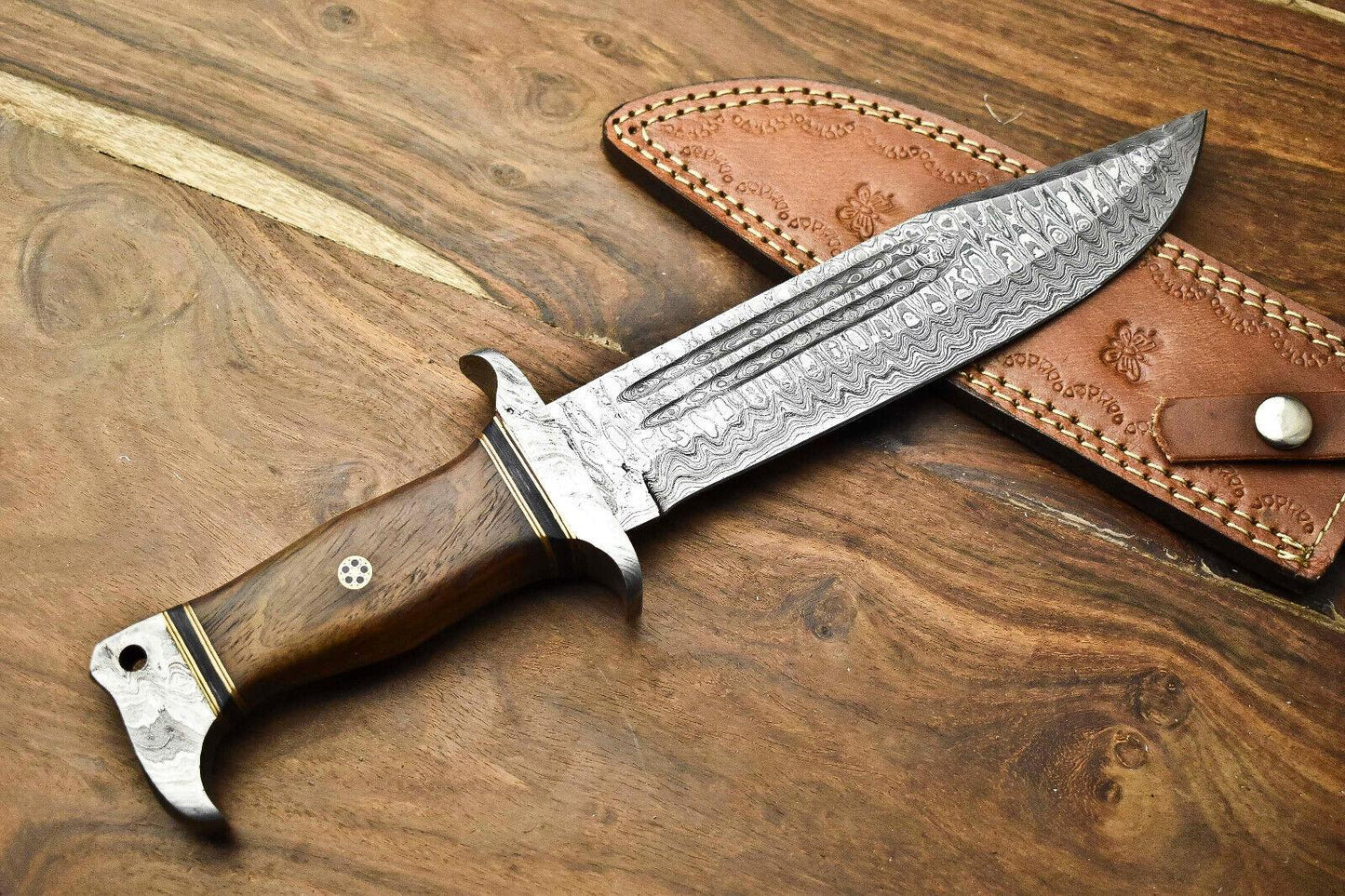 Heritage Forge Highland Crest Damascus Bowie Knife with Walnut Wood Handle