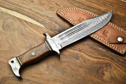 Heritage Forge Highland Crest Damascus Bowie Knife with Walnut Wood Handle