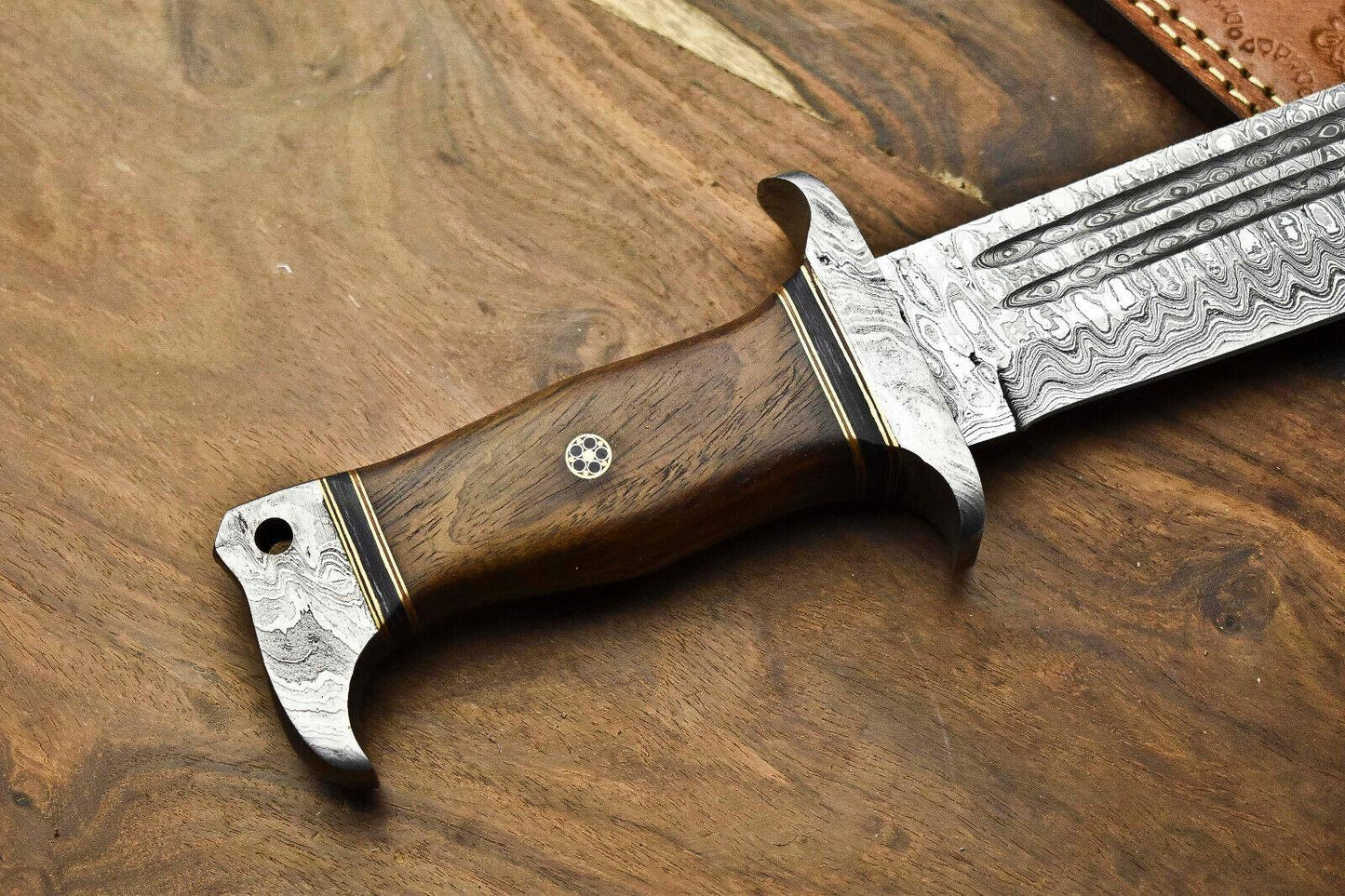 Heritage Forge Highland Crest Damascus Bowie Knife with Walnut Wood Handle