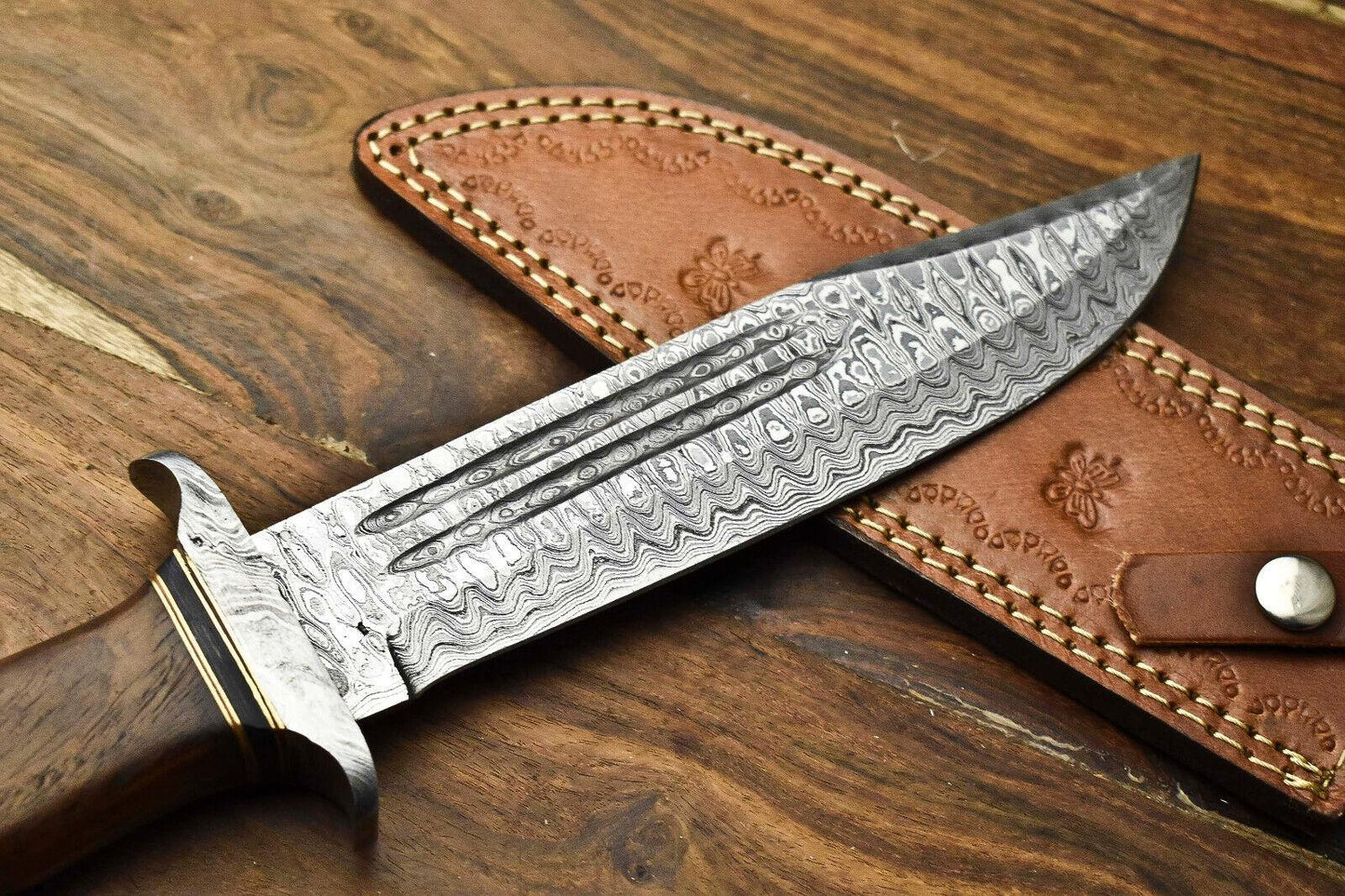 Heritage Forge Highland Crest Damascus Bowie Knife with Walnut Wood Handle