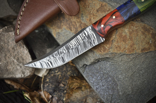 8.0" Twist Damascus Skinner Knife with Mixed Material Handle & Micarta Bolster – Handmade EDC Knife