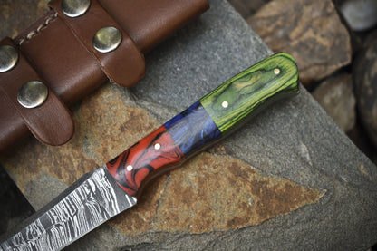 8.0" Twist Damascus Skinner Knife with Mixed Material Handle & Micarta Bolster – Handmade EDC Knife