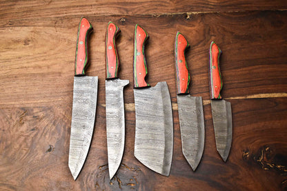 Lot Of 5 Handmade Damascus Steel Blade Chef Set Knife