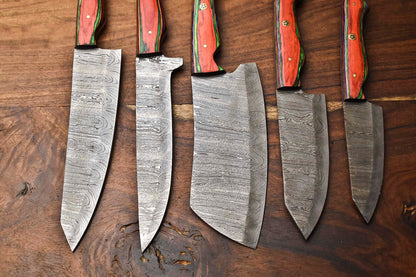 Lot Of 5 Handmade Damascus Steel Blade Chef Set Knife