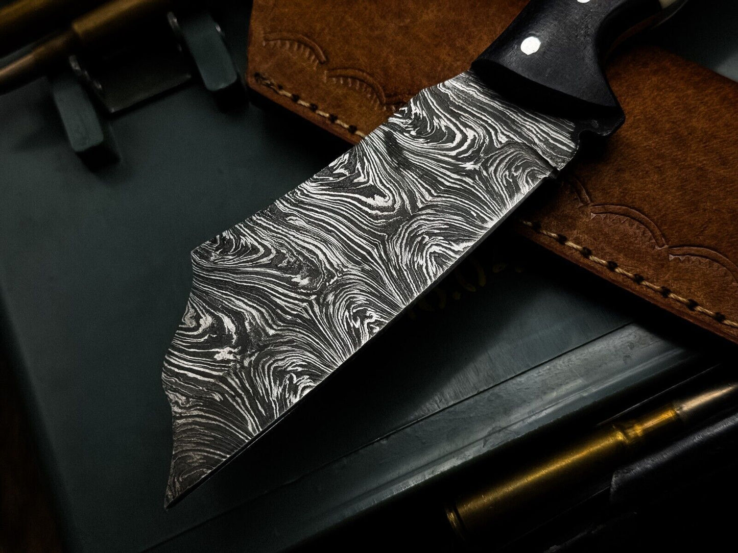 Handmade Damascus Steel Chef Cleaver Knife, Camel Bone Handle, Leather Sheath