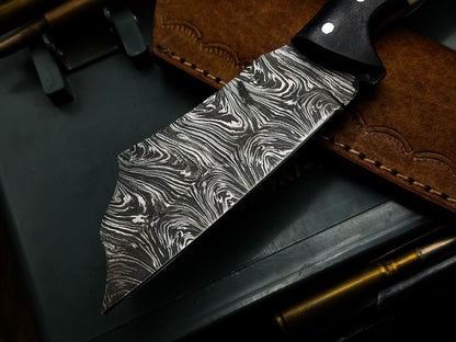 Handmade Damascus Steel Chef Cleaver Knife, Camel Bone Handle, Leather Sheath