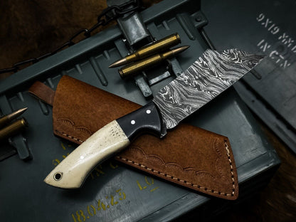 Handmade Damascus Steel Chef Cleaver Knife, Camel Bone Handle, Leather Sheath