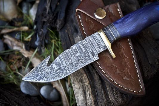 Custom Forged Skinner Knife with Gut Hook Twist Damascus Corian Handle for Hunting and Survival