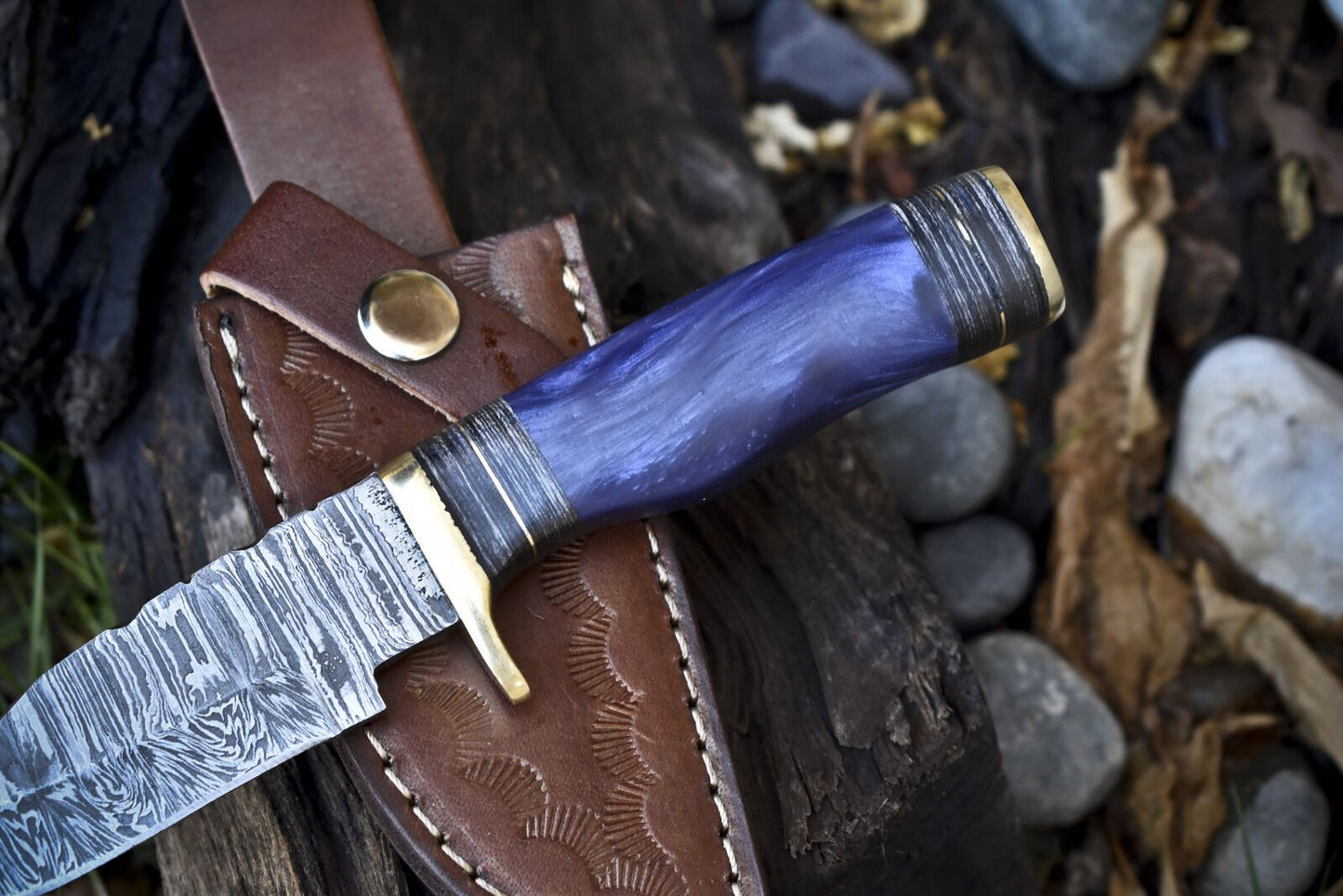 Custom Forged Skinner Knife with Gut Hook Twist Damascus Corian Handle for Hunting and Survival