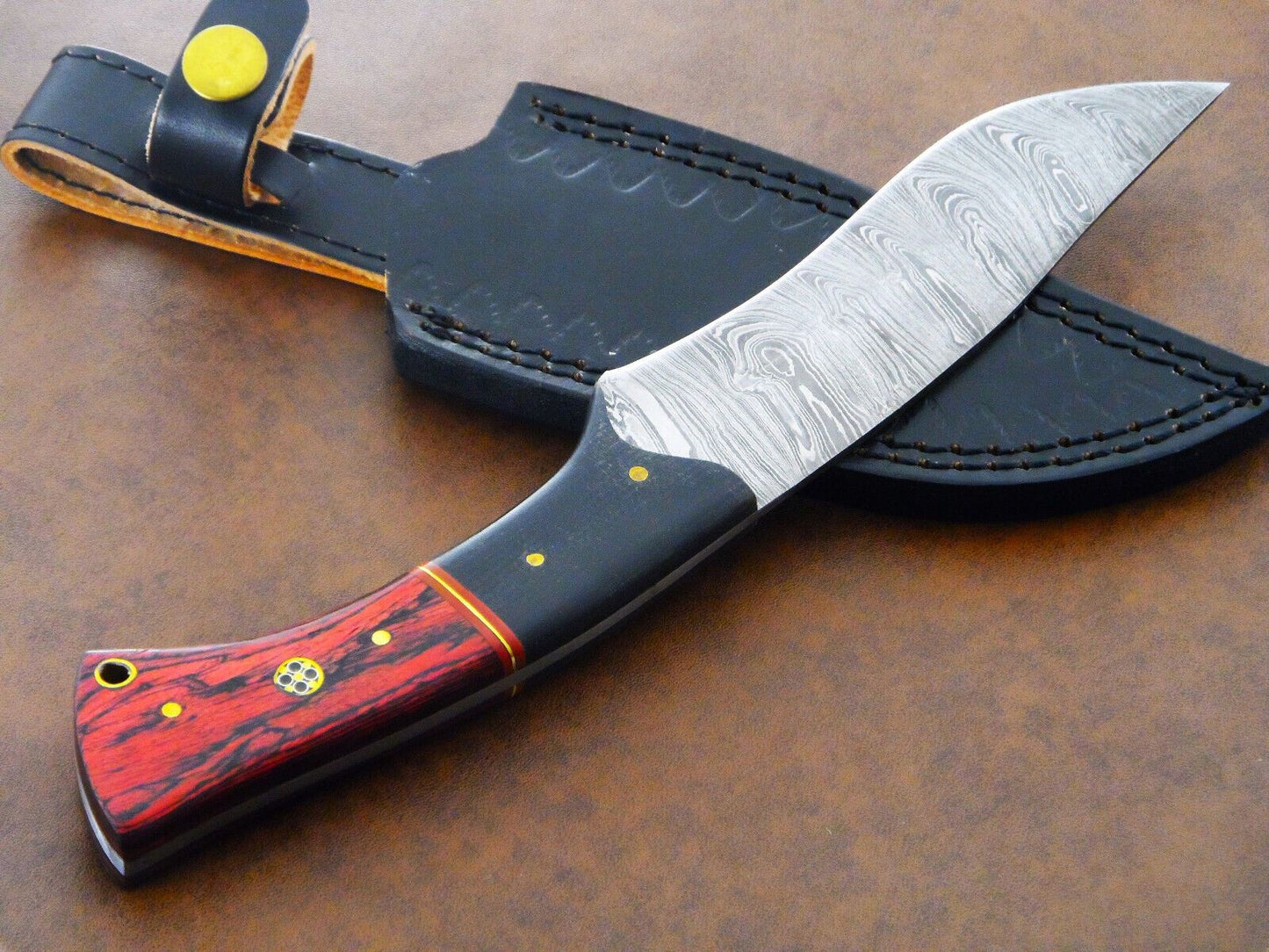 Iron Fang 10 Inch Damascus Bowie Knife | Hardwood Handle & Leather Sheath