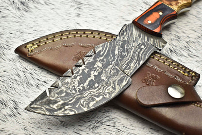 10" Handmade Damascus Steel Tracker Knife | Hardwood Handle & Leather Sheath