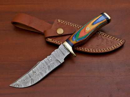 Handmade Damascus Pakka Wood 10" Bowie Hunting Knife | Brass Guard & But Cap