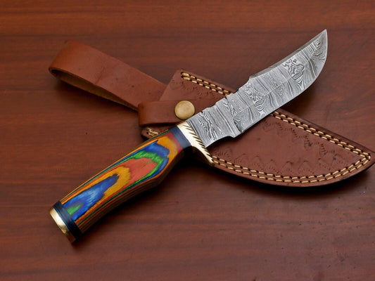 Handmade Damascus Pakka Wood 10" Bowie Hunting Knife | Brass Guard & But Cap