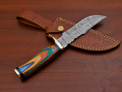 Handmade Damascus Pakka Wood 10" Bowie Hunting Knife | Brass Guard & But Cap