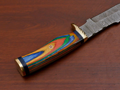 Handmade Damascus Pakka Wood 10" Bowie Hunting Knife | Brass Guard & But Cap