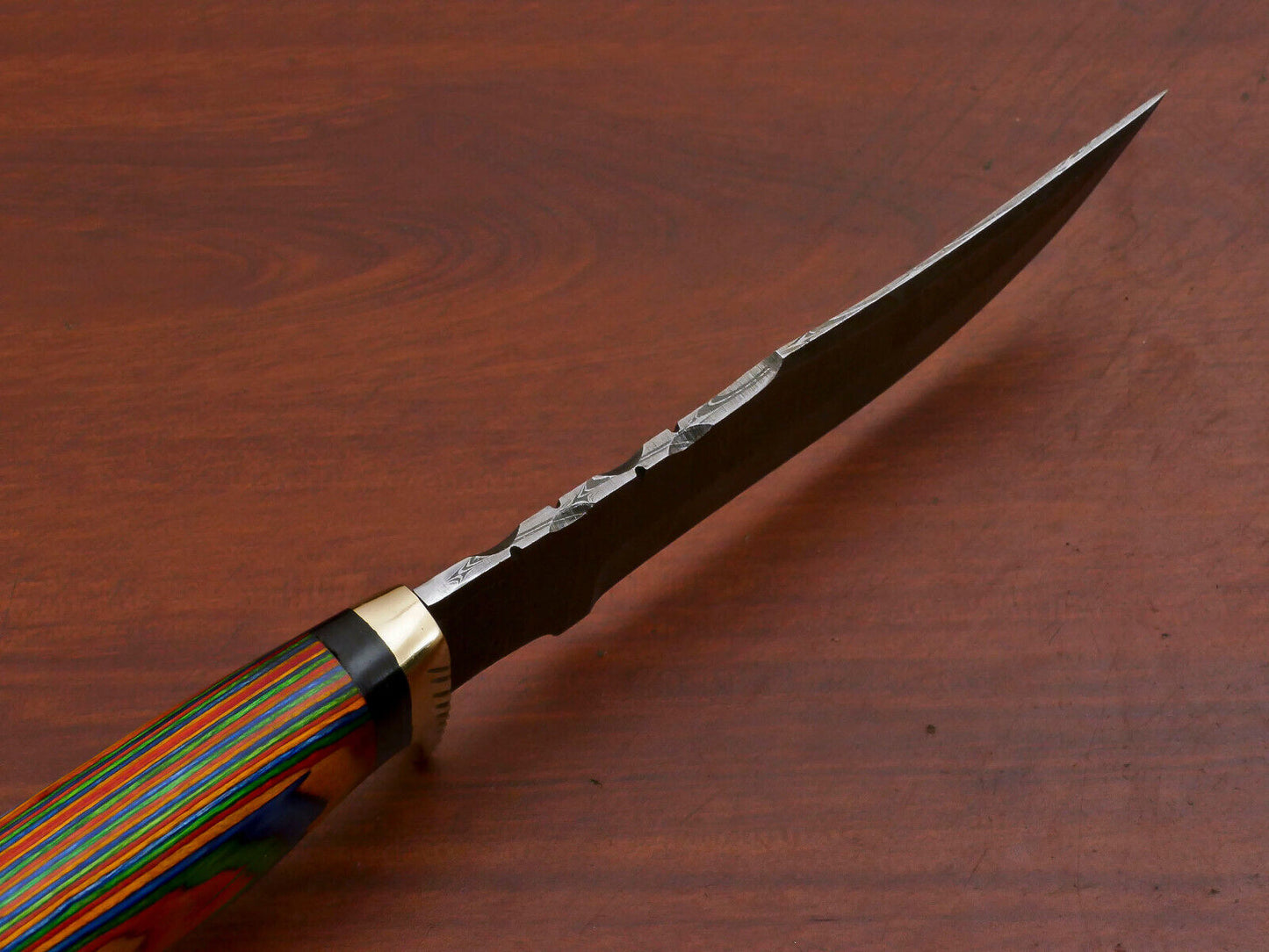 Handmade Damascus Pakka Wood 10" Bowie Hunting Knife | Brass Guard & But Cap