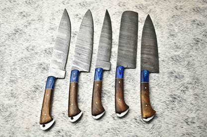 Lot Of 5 Handmade Damascus Hammered Full Tang Chef Set Knife