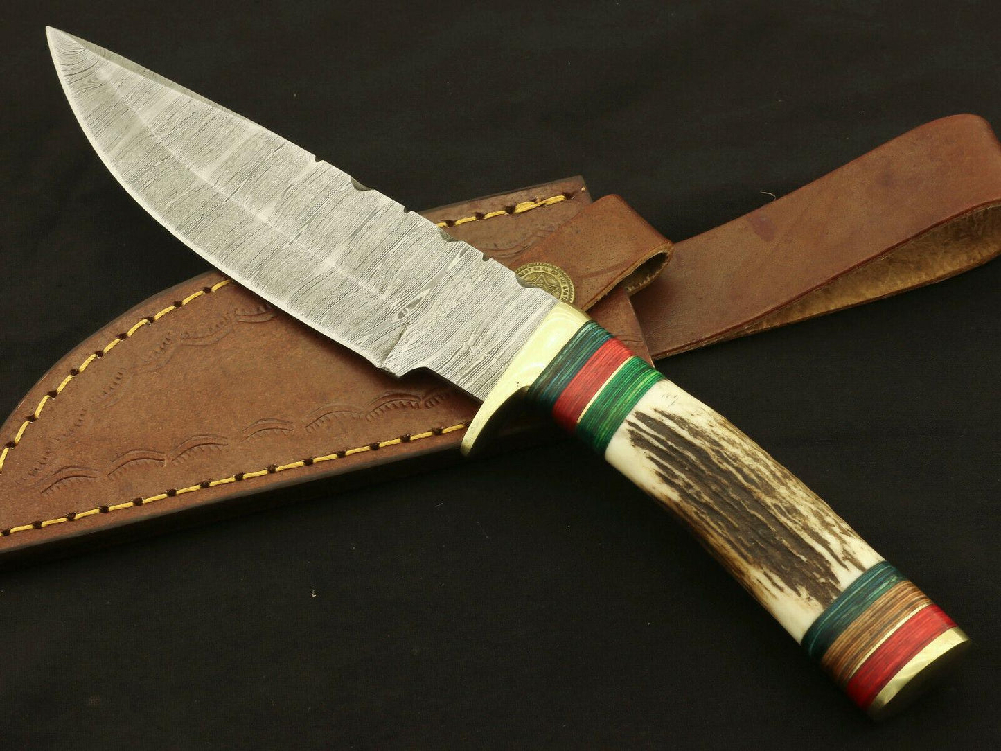 9.75" Custom Damascus Bowie Knife – Stag & Pakka Wood Handle