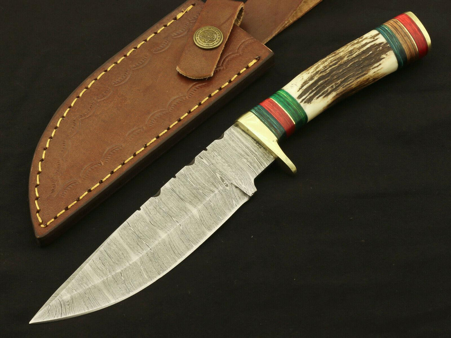9.75" Custom Damascus Bowie Knife – Stag & Pakka Wood Handle
