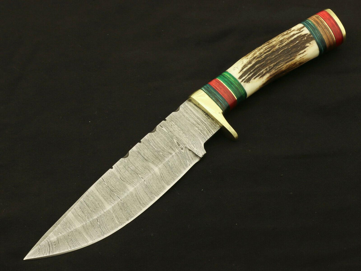 9.75" Custom Damascus Bowie Knife – Stag & Pakka Wood Handle