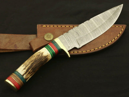 9.75" Custom Damascus Bowie Knife – Stag & Pakka Wood Handle