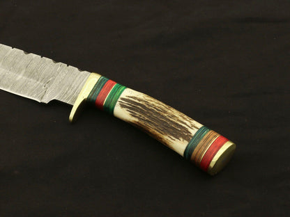 9.75" Custom Damascus Bowie Knife – Stag & Pakka Wood Handle
