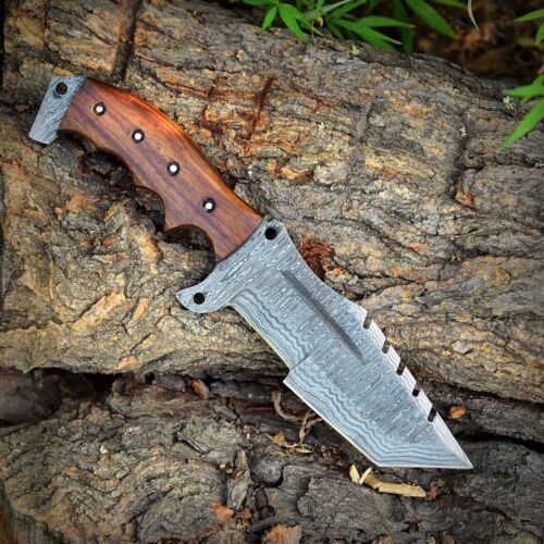 Handmade Damascus Steel Tracker Military Tactical Hunting Survival Knife – Full Tang with Leather Sheath