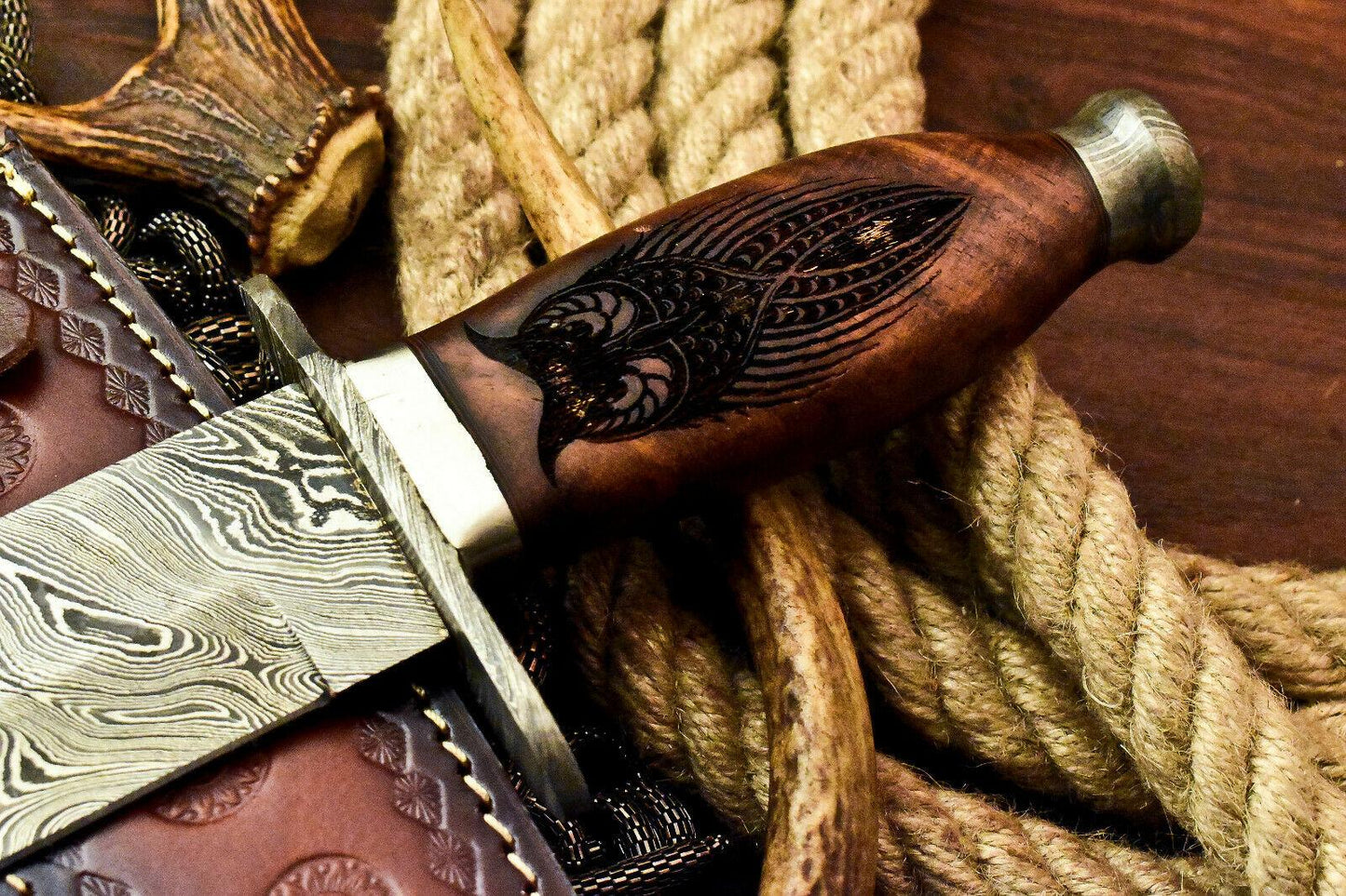 13.5" Custom Damascus Steel Bowie Knife with Walnut Wood Handle & Leather Sheath