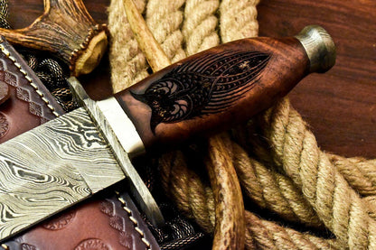 13.5" Custom Damascus Steel Bowie Knife with Walnut Wood Handle & Leather Sheath