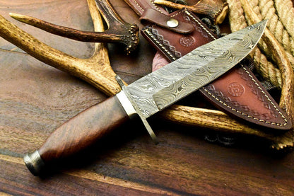 13.5" Custom Damascus Steel Bowie Knife with Walnut Wood Handle & Leather Sheath