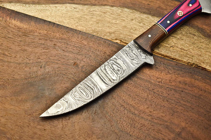 "14'' Handmade Damascus Steel Chef Knife with Pakka Wood Handle & Leather Sheath – Kitchen Cooking Knife"