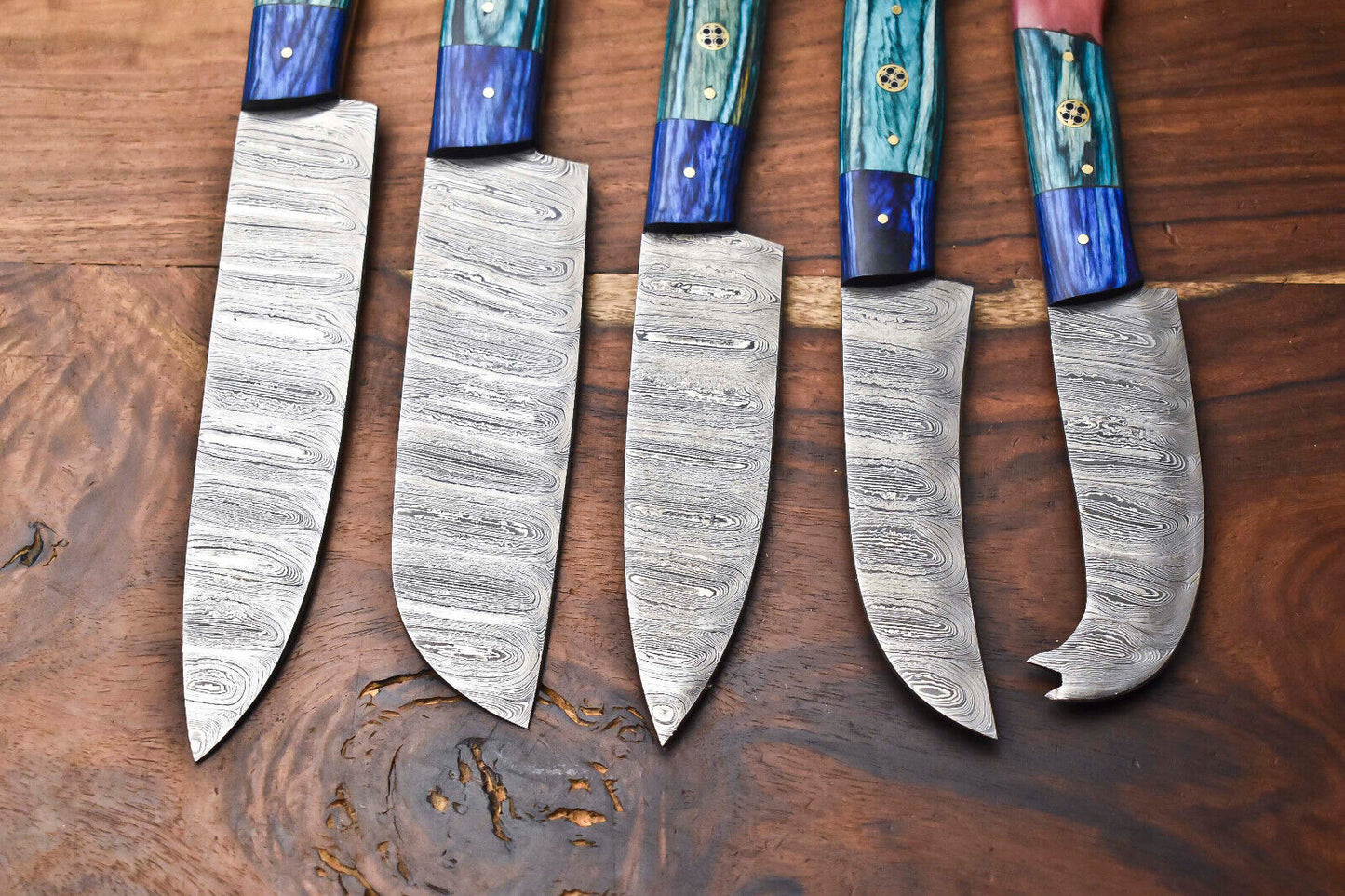 Exclusive Handmade Hammered Damascus Steel Chef Knife Set – Lot of 5