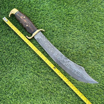 19" Handmade Damascus Bowie Scimitar – Wooden Handle & Leather Sheath