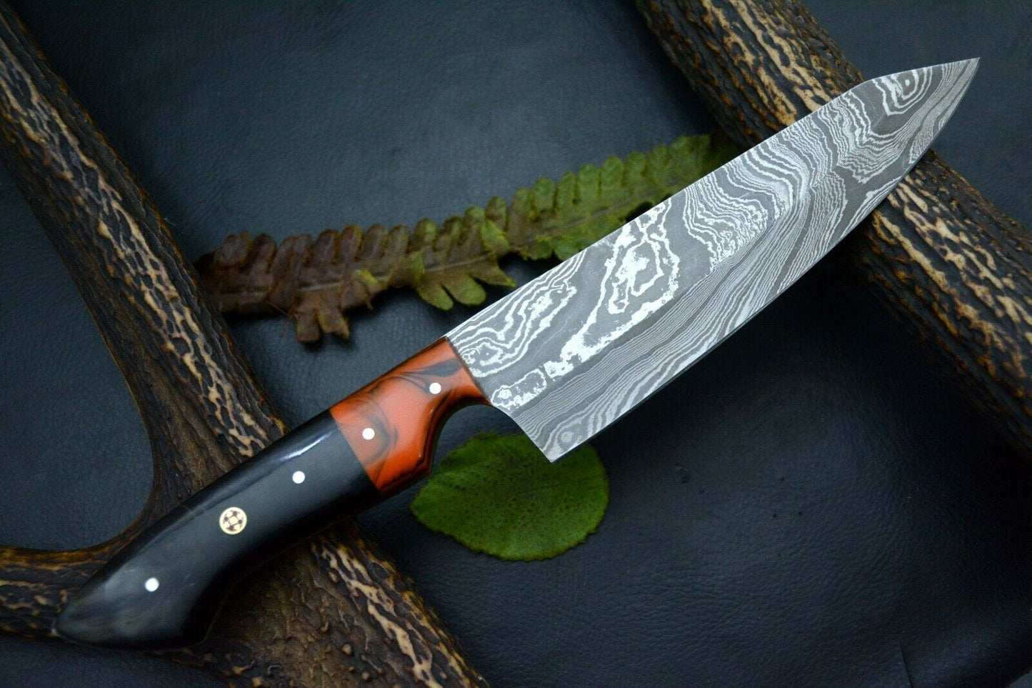 Custom Handmade Damascus Steel Chef Knife – 11" Kitchen Knife with 6.2" Ladder Pattern Blade & Resin Horn Handle
